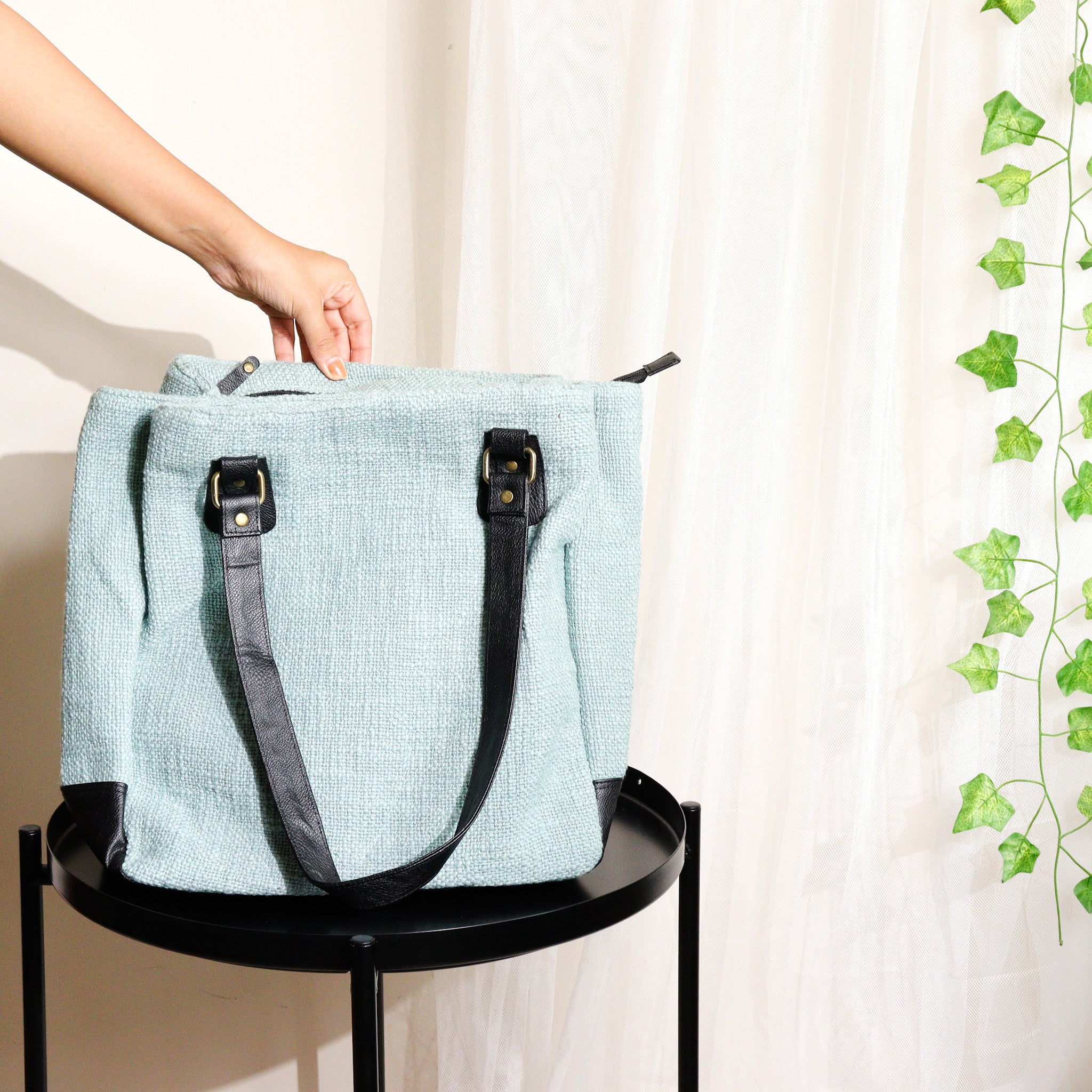 Cyan Three Pocket Jute Journey Tote