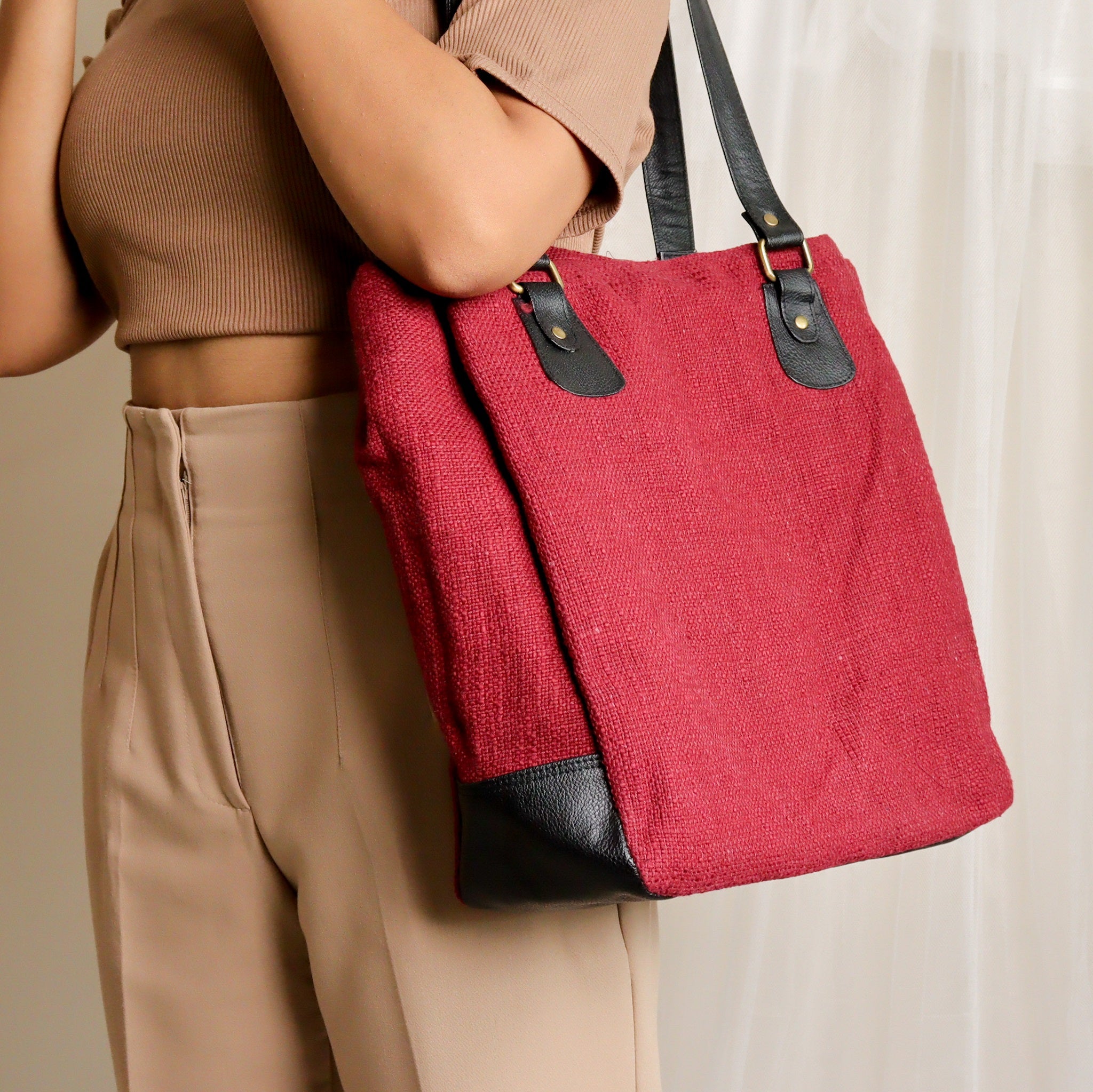 Maroon Three Pocket Jute Journey Tote