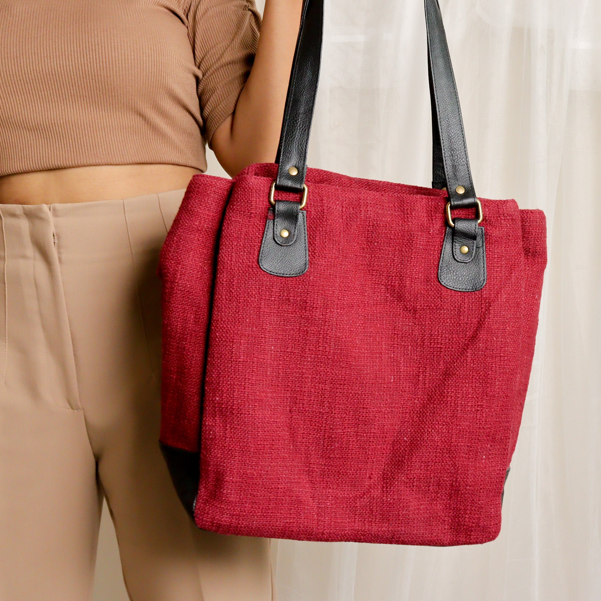 Maroon Three Pocket Jute Journey Tote