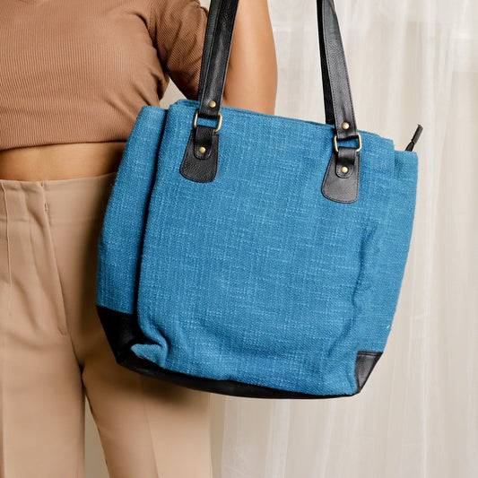 Blue Three Pocket Jute Journey Tote