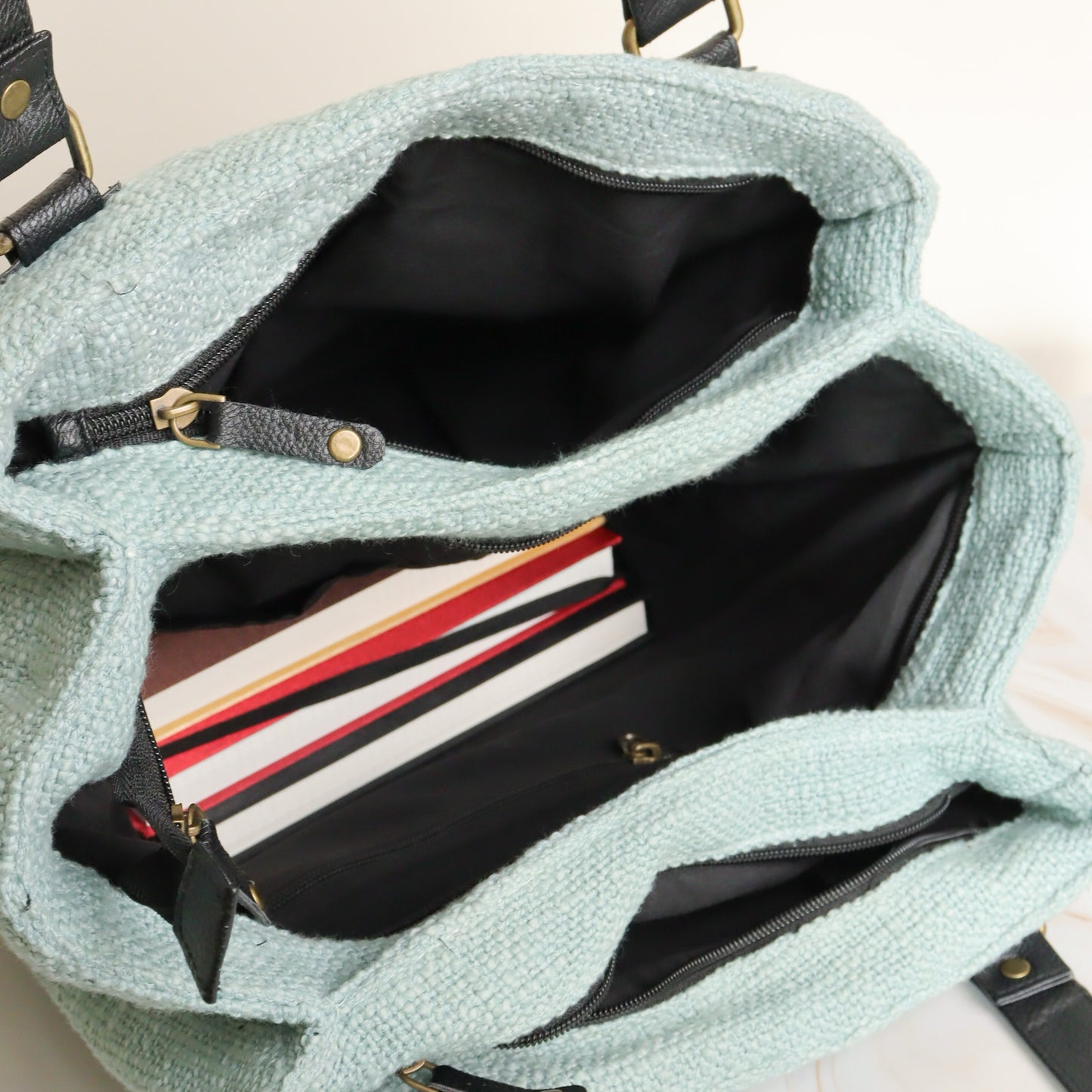 Cyan Three Pocket Jute Journey Tote