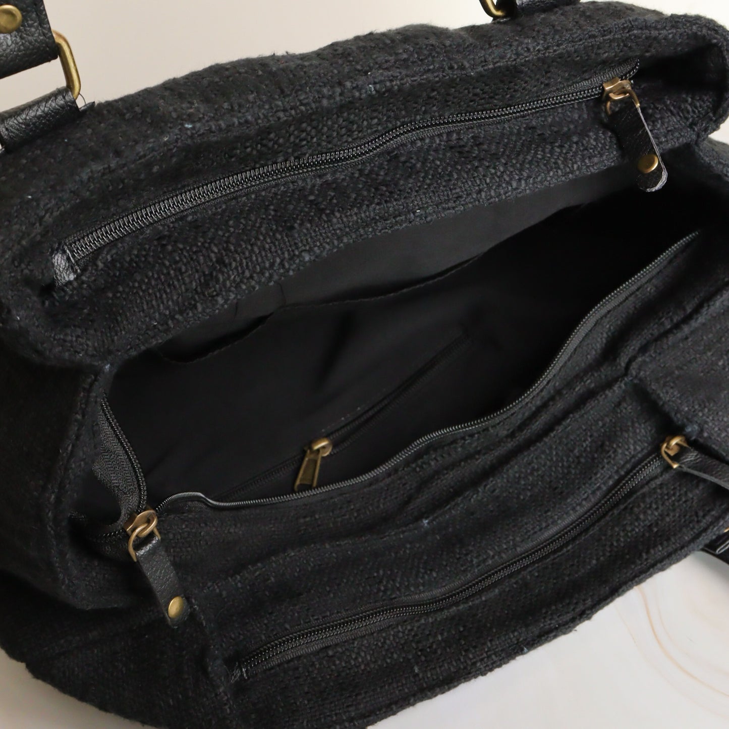 Black Three Pocket Jute Journey Tote