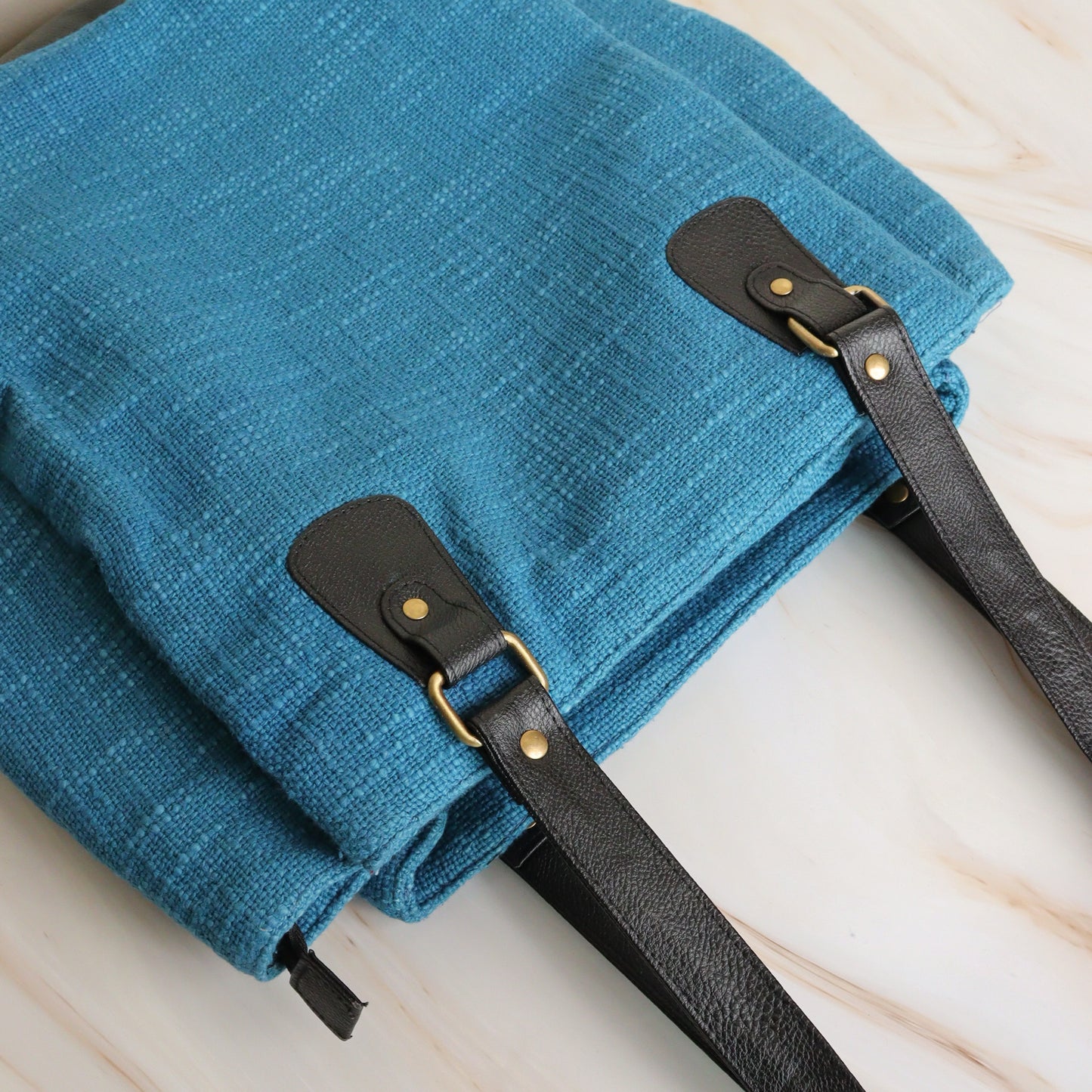 Blue Three Pocket Jute Journey Tote