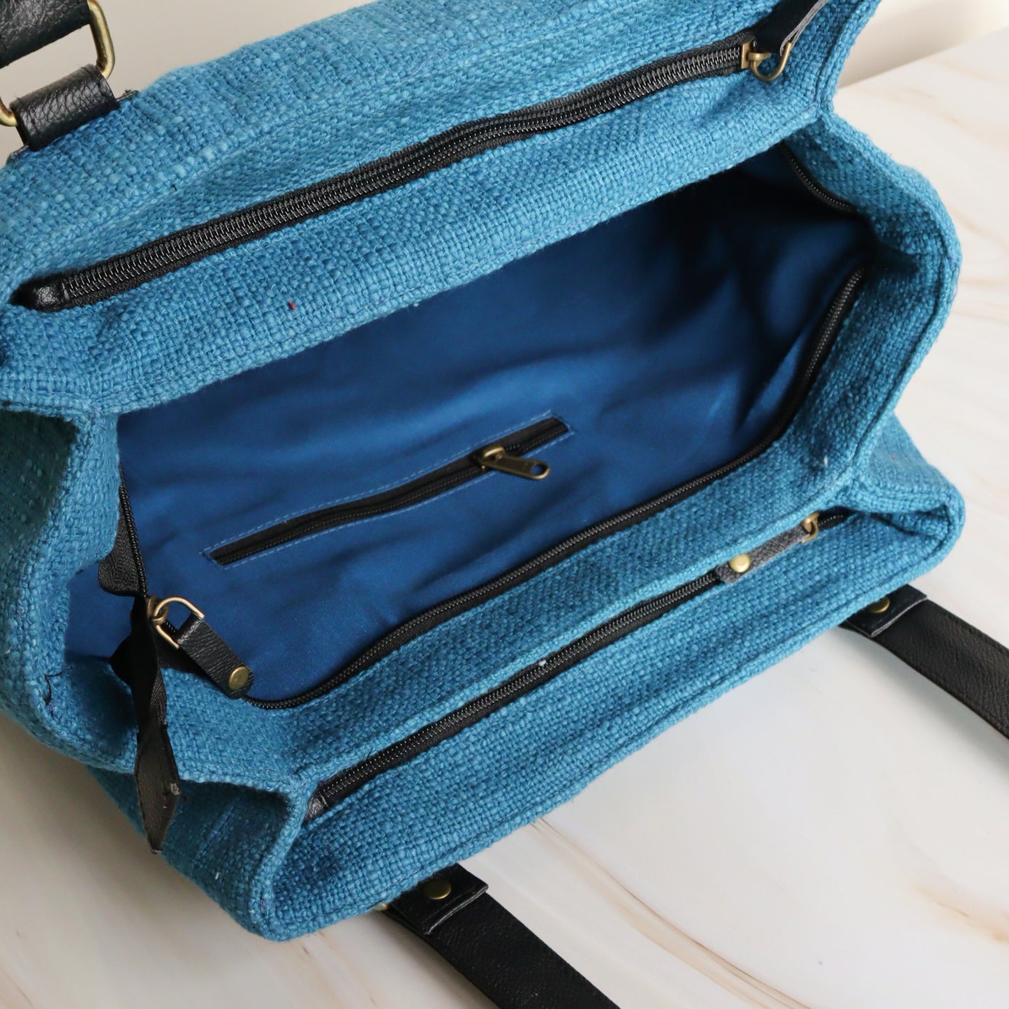Blue Three Pocket Jute Journey Tote
