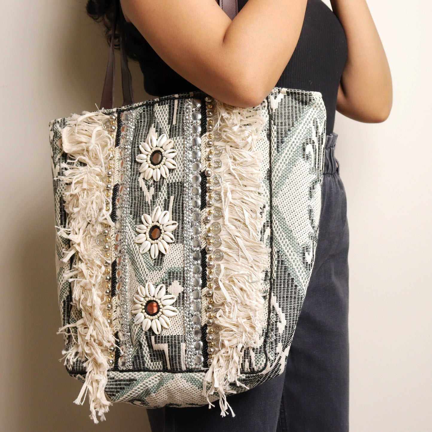 Grey Fringed Jacquard Tote