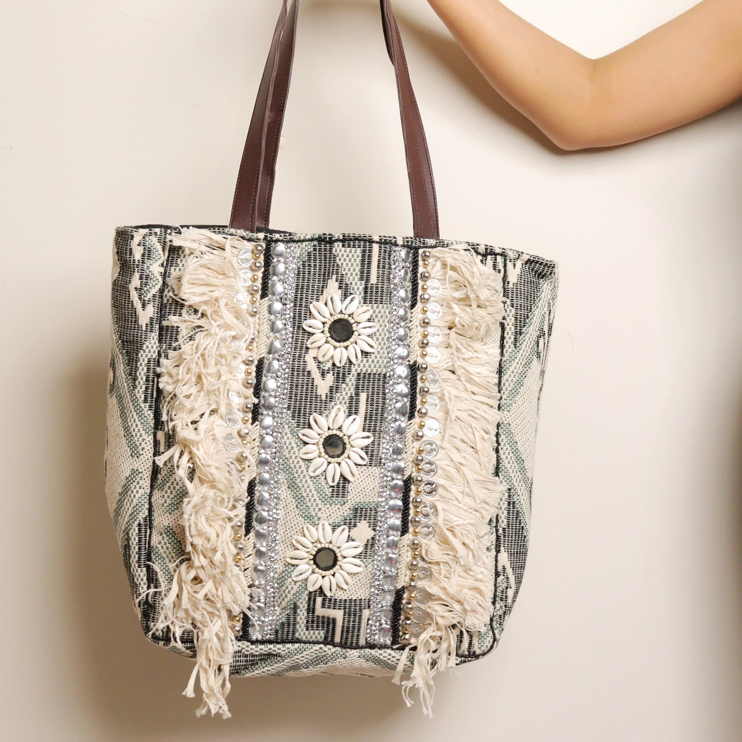 Grey Fringed Jacquard Tote