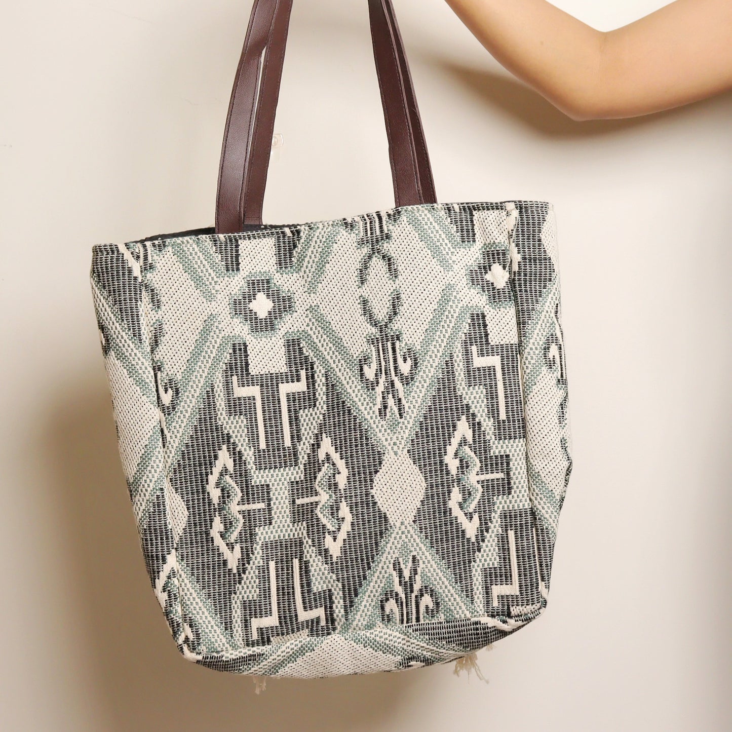 Grey Fringed Jacquard Tote