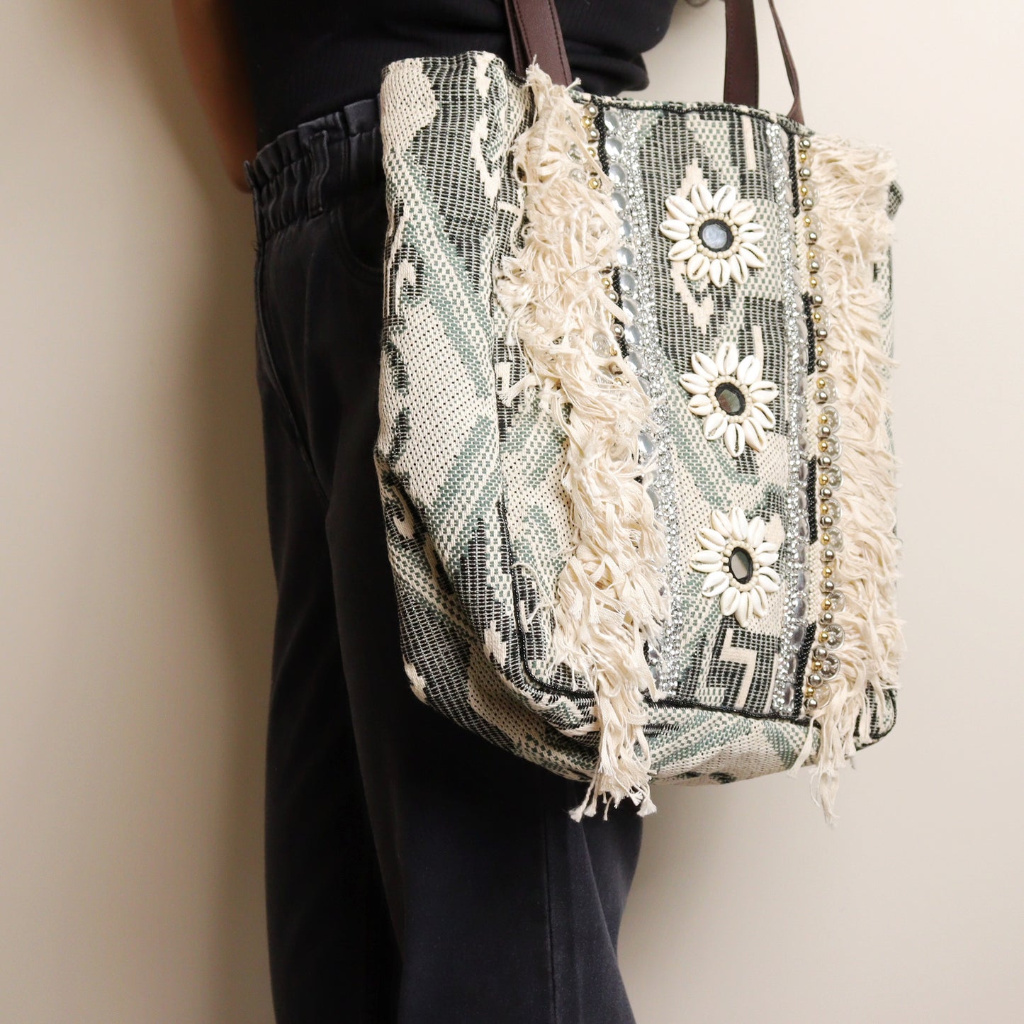 Grey Fringed Jacquard Tote