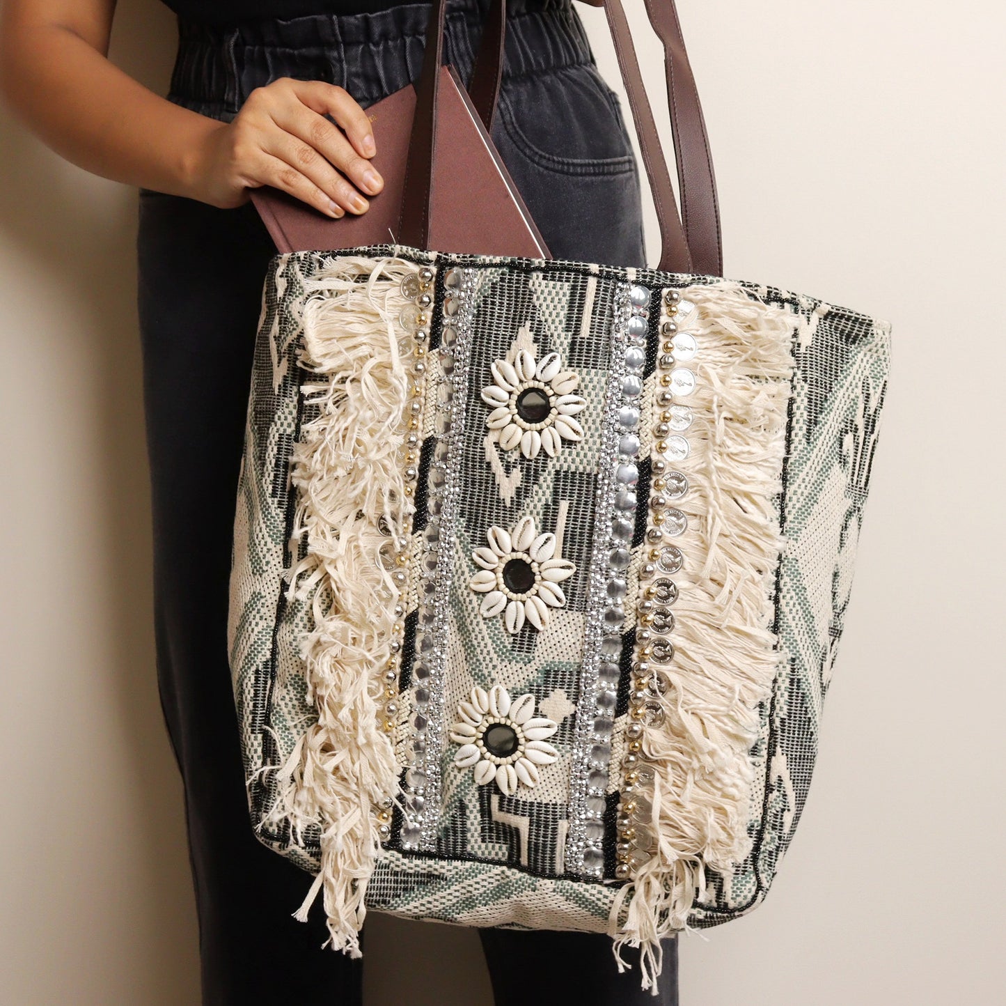 Grey Fringed Jacquard Tote
