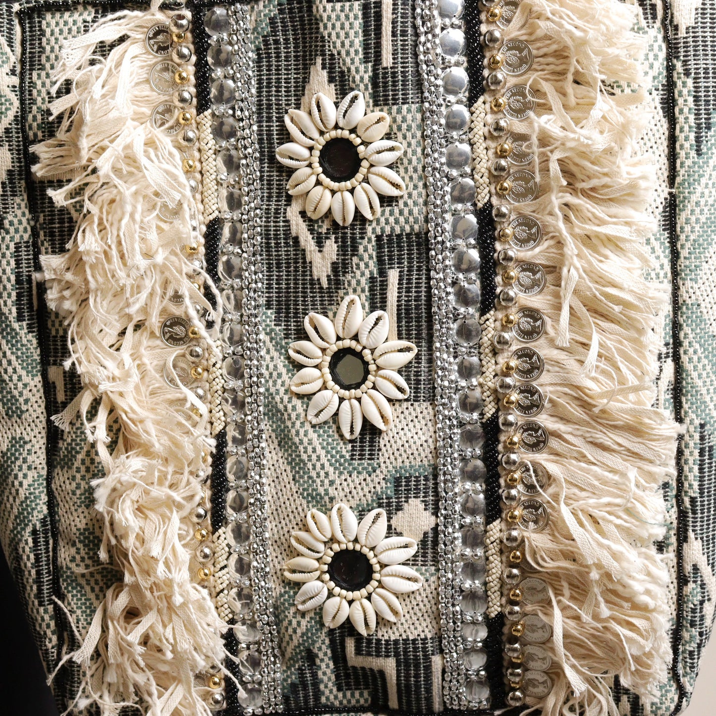 Grey Fringed Jacquard Tote