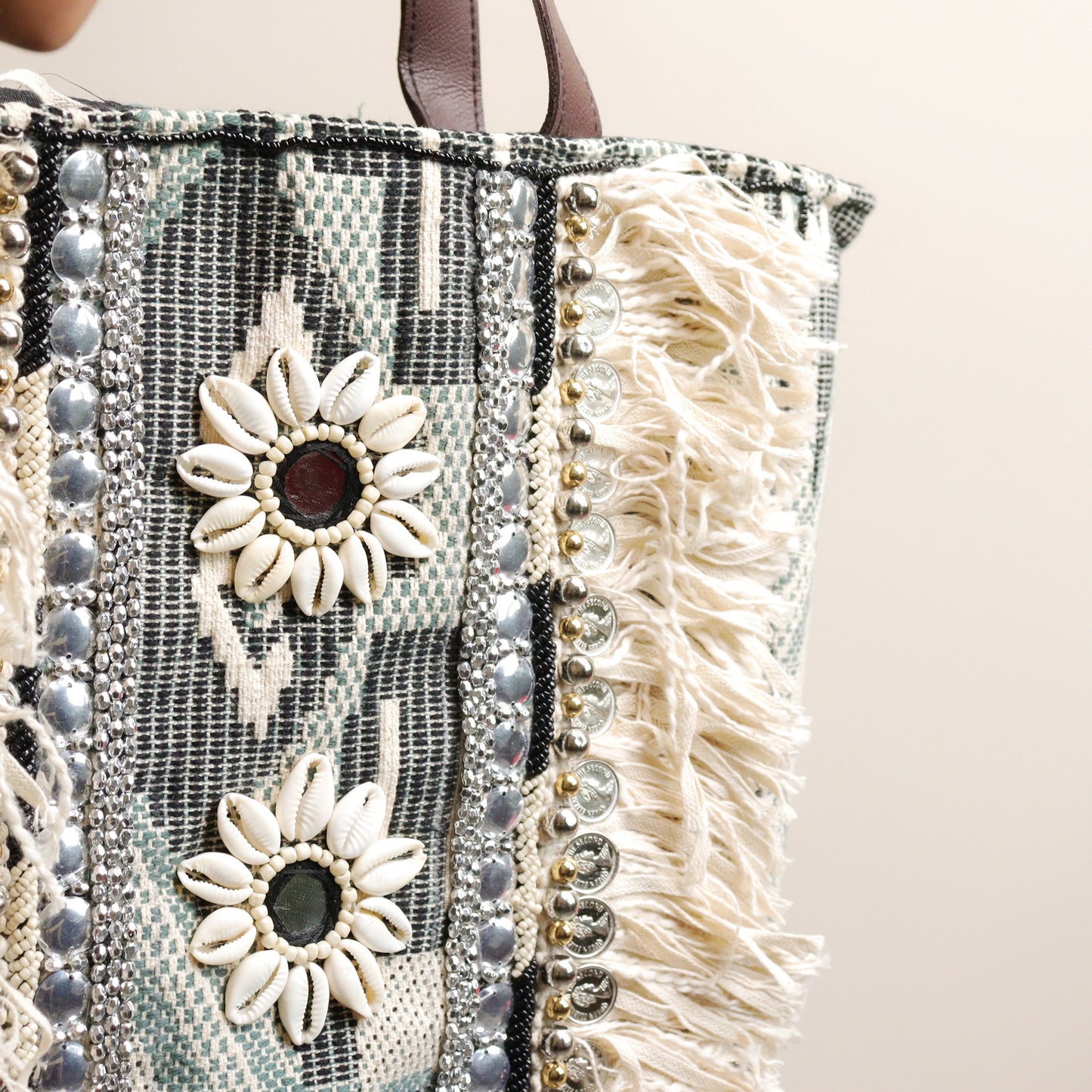 Grey Fringed Jacquard Tote