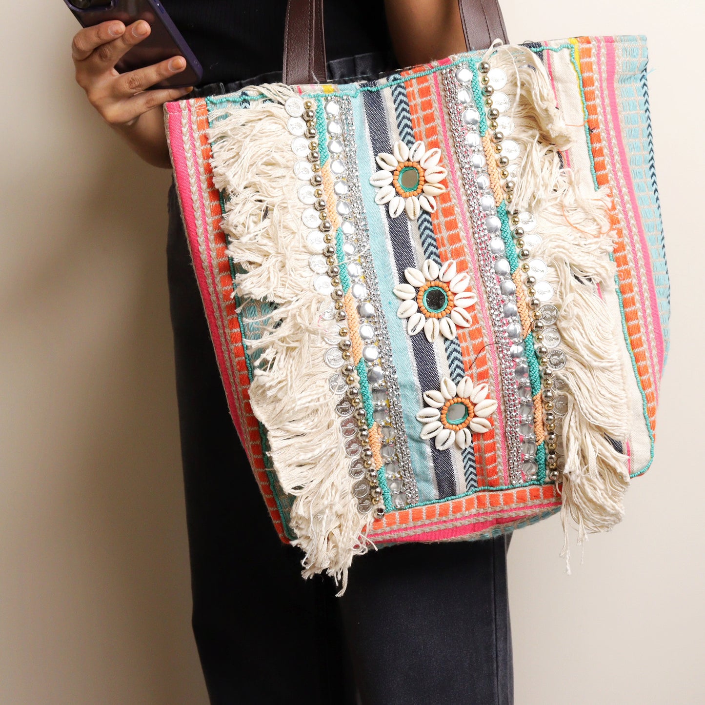 Multi Striped Fringed Jacquard Tote