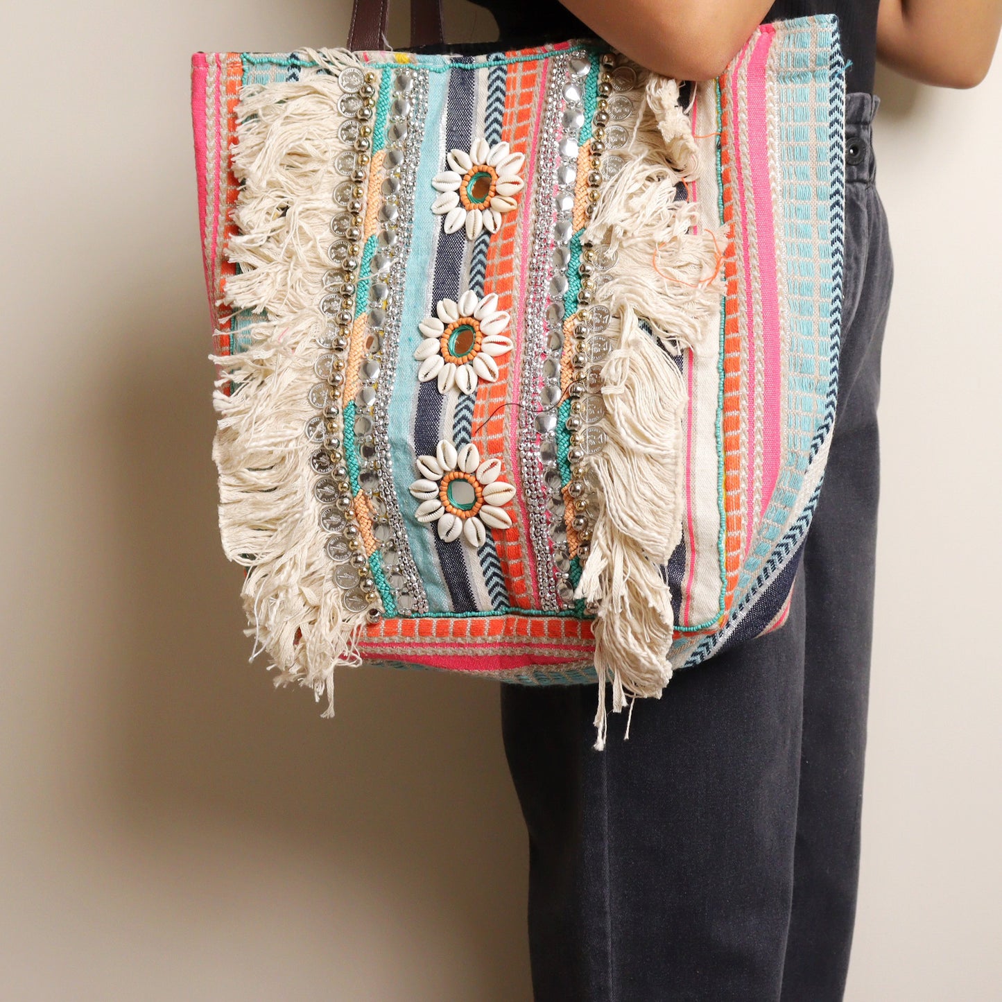 Multi Striped Fringed Jacquard Tote
