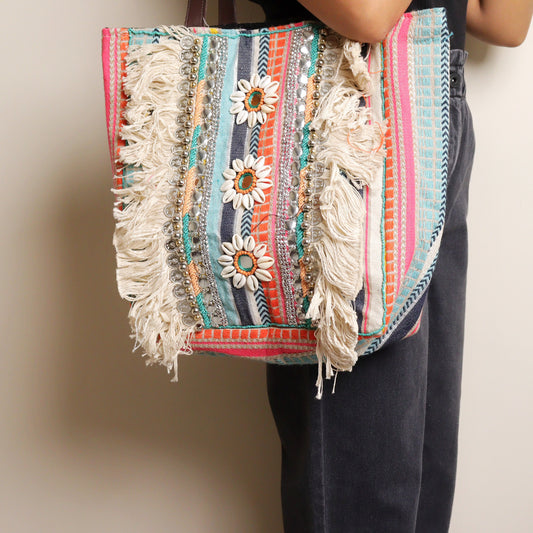 Multi Striped Fringed Jacquard Tote