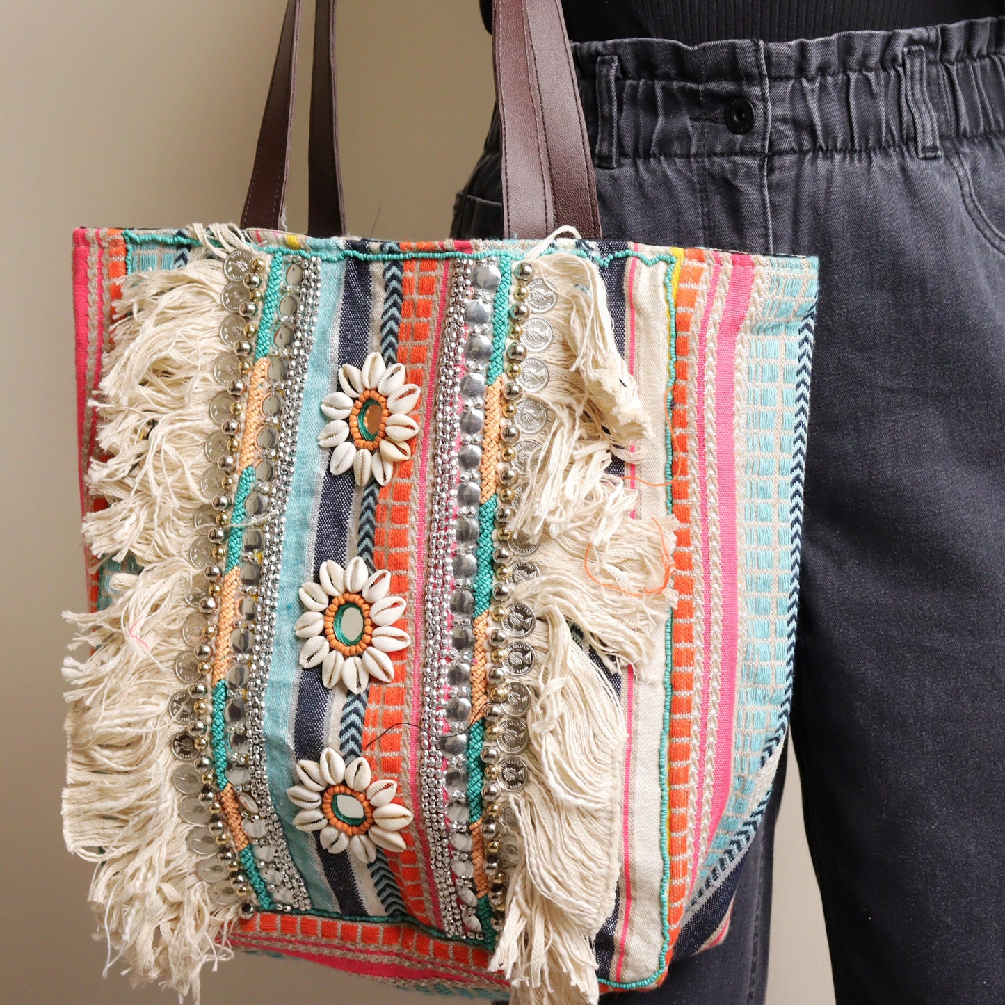 Multi Striped Fringed Jacquard Tote