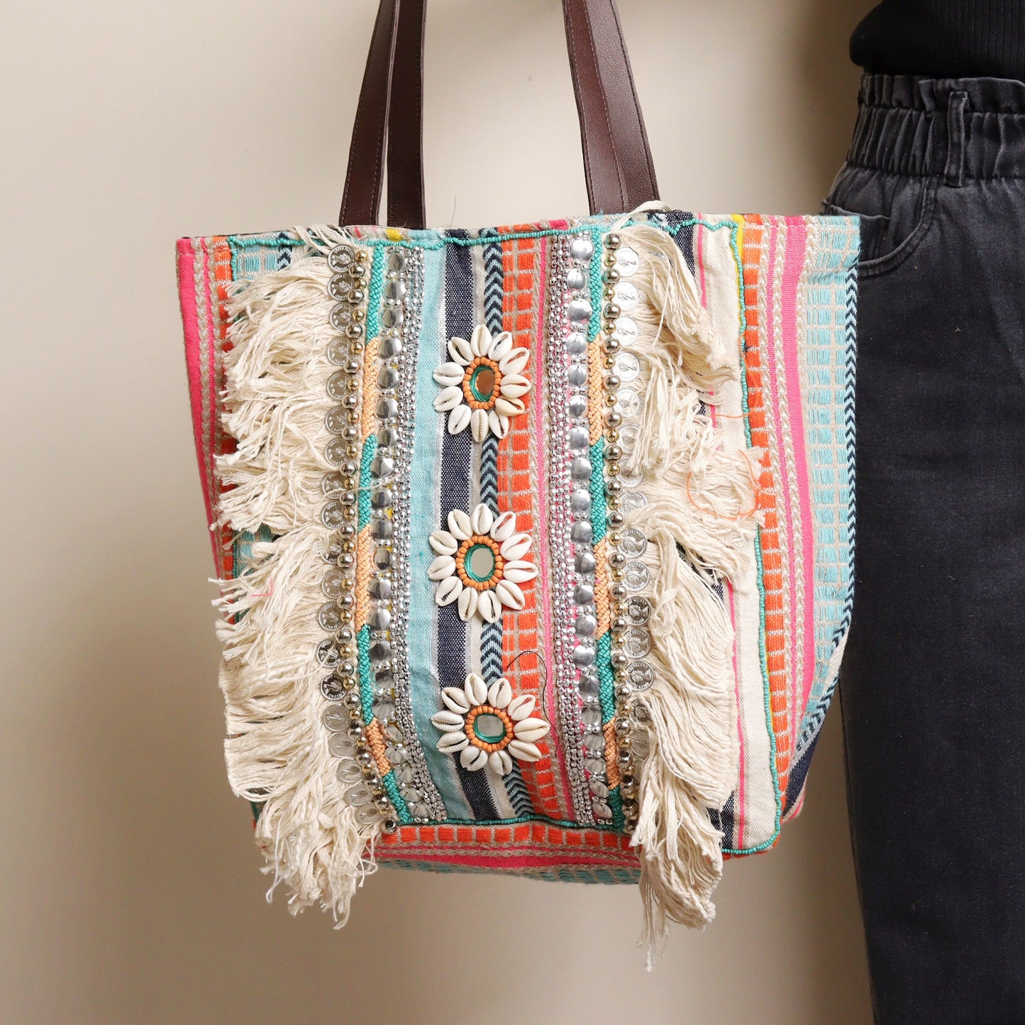 Multi Striped Fringed Jacquard Tote