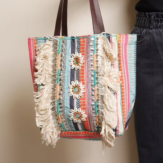 Multi Striped Fringed Jacquard Tote