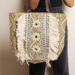 Mustard Fringed Jacquard Tote