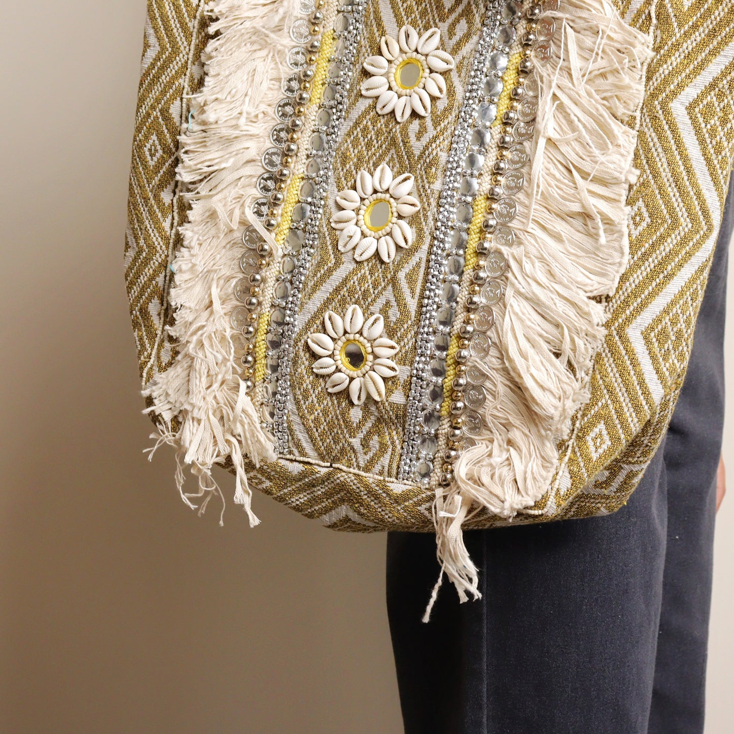 Mustard Fringed Jacquard Tote