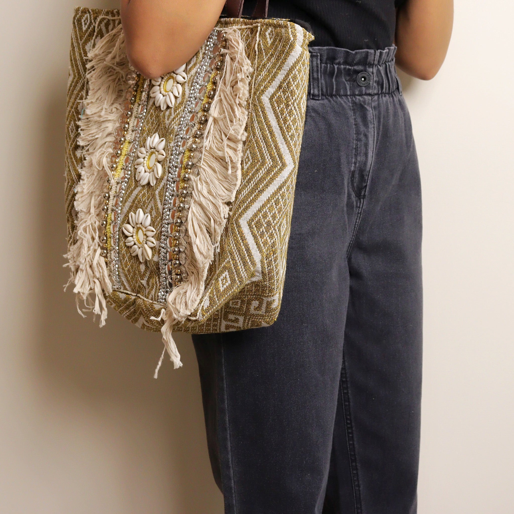 Mustard Fringed Jacquard Tote