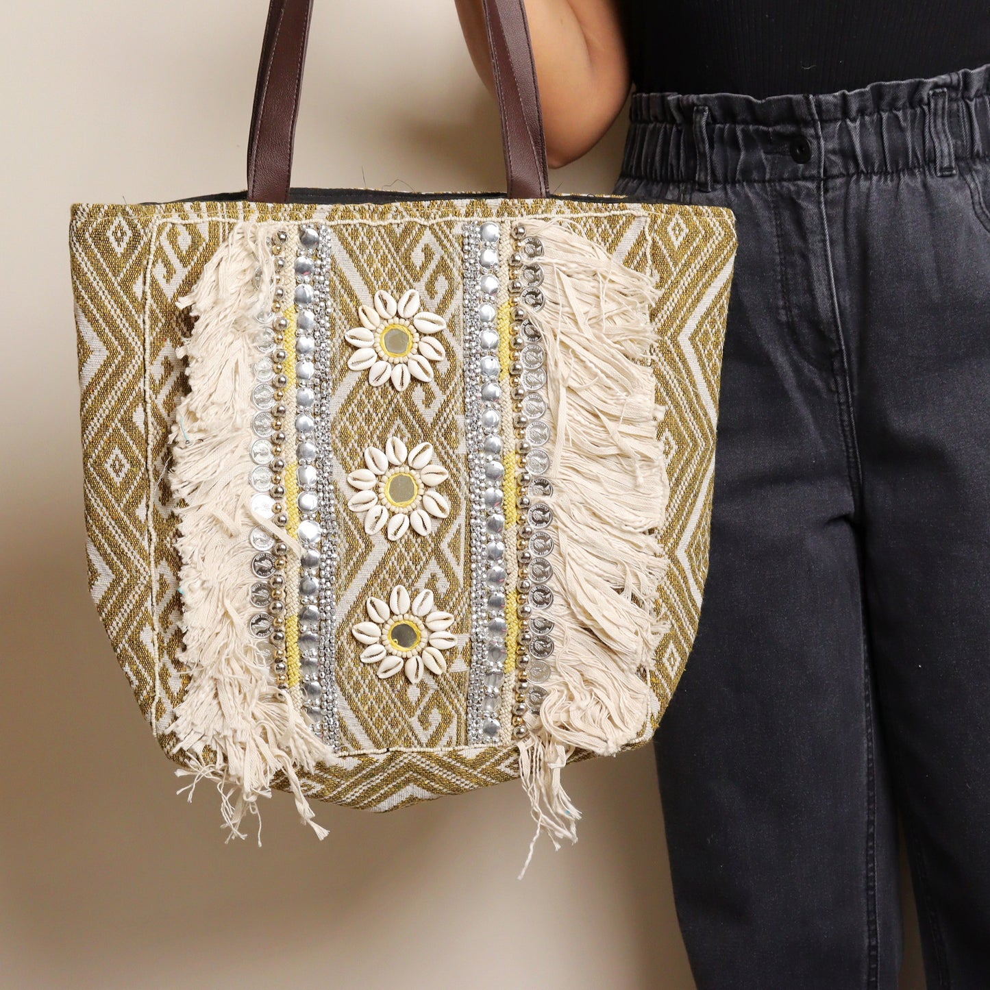 Mustard Fringed Jacquard Tote