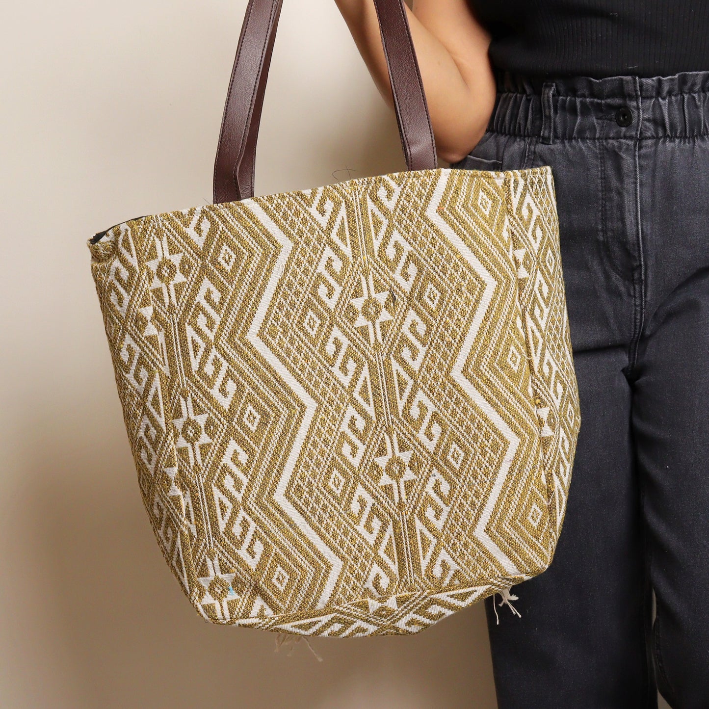 Mustard Fringed Jacquard Tote