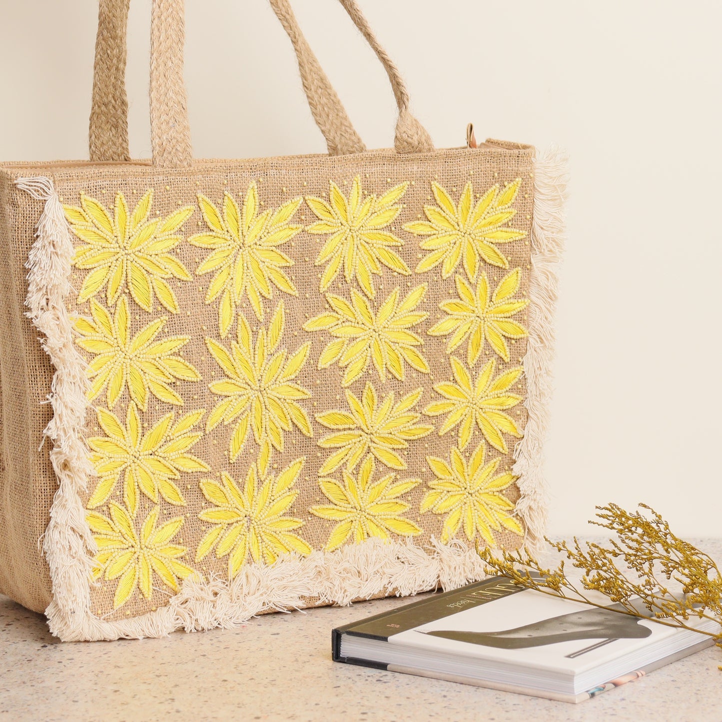 Yellow Blossom Jute Bag