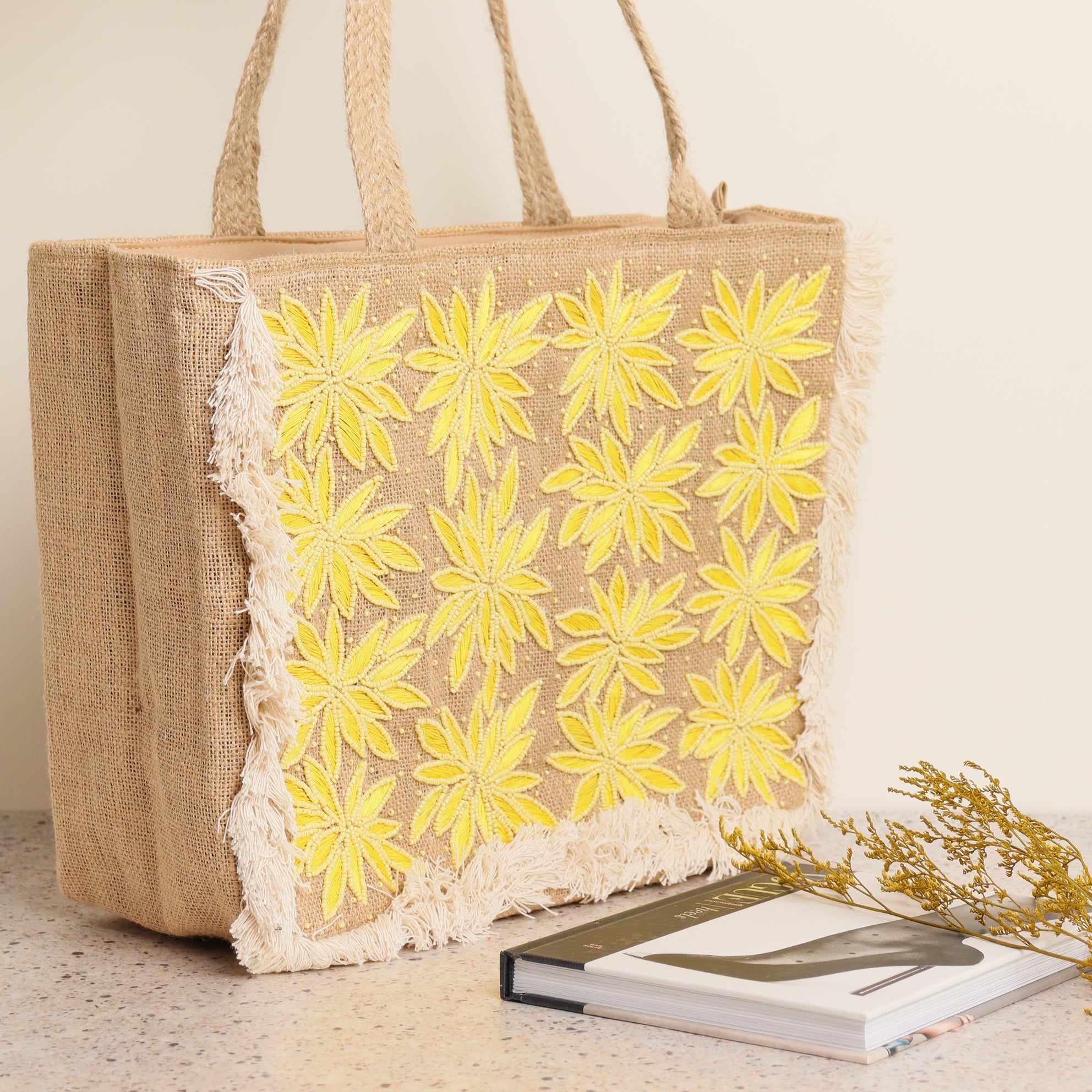 Yellow Blossom Jute Bag