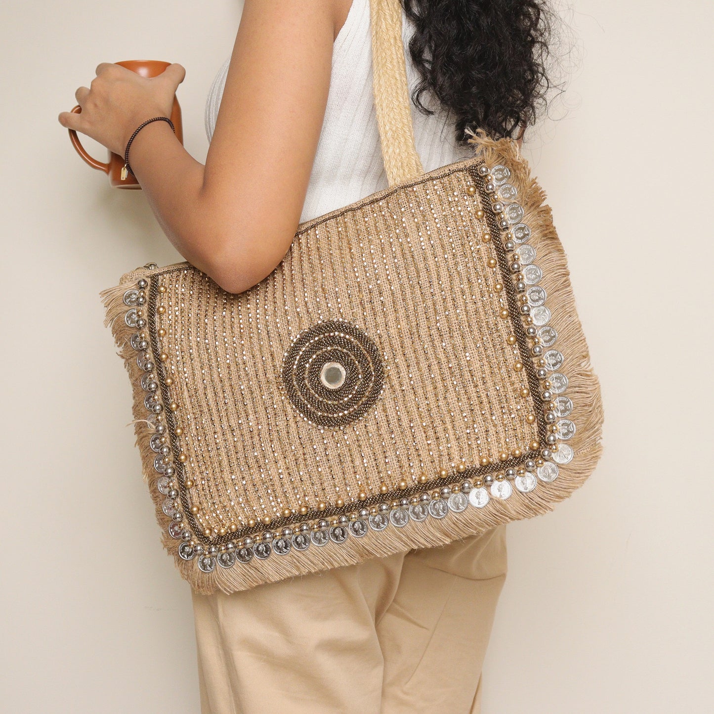 Bonita Tote - Handcrafted Jute Bag with Coin Detailing