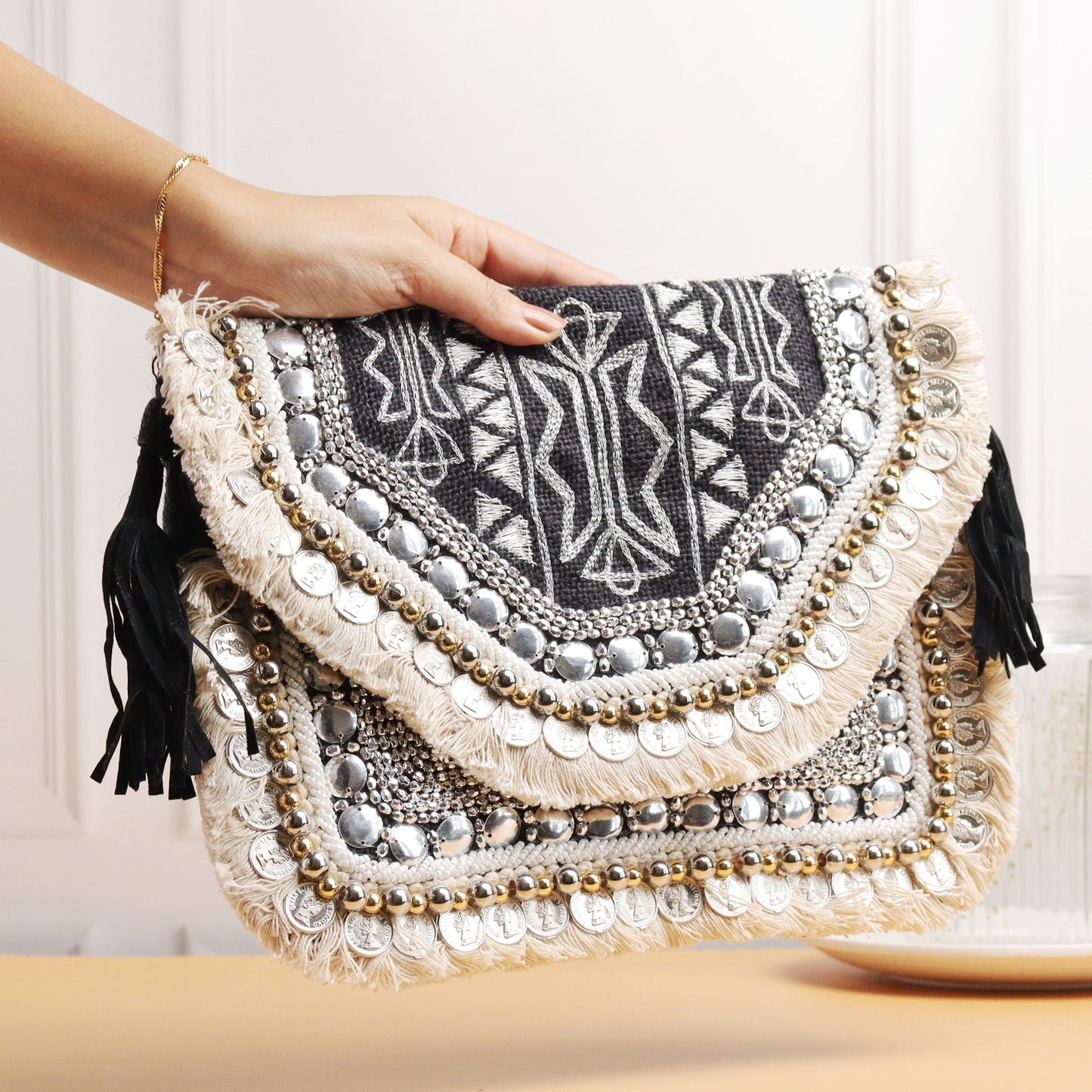 Alicante Black Embroidered Jute Coin Clutch