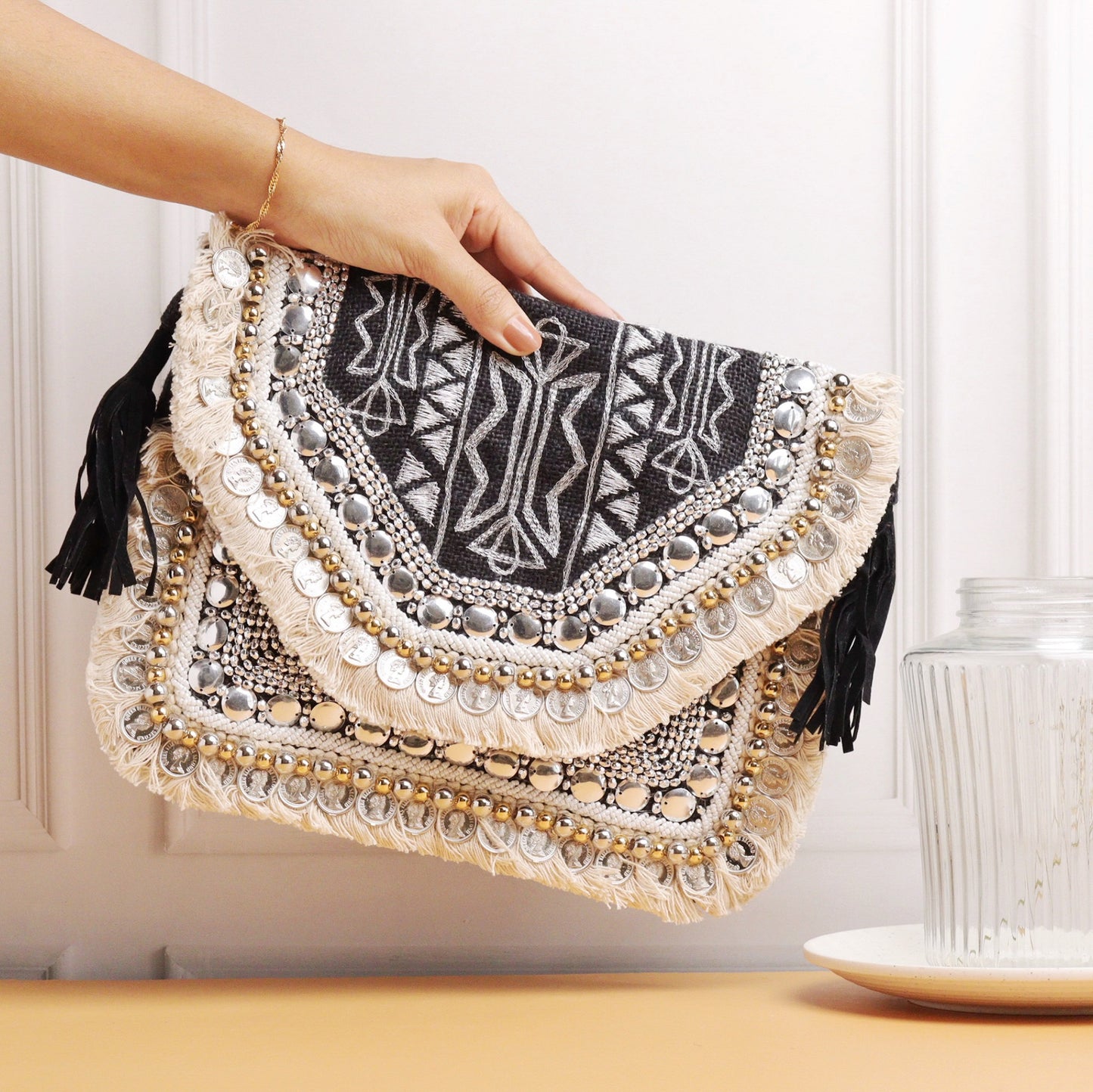 Alicante Black Embroidered Jute Coin Clutch