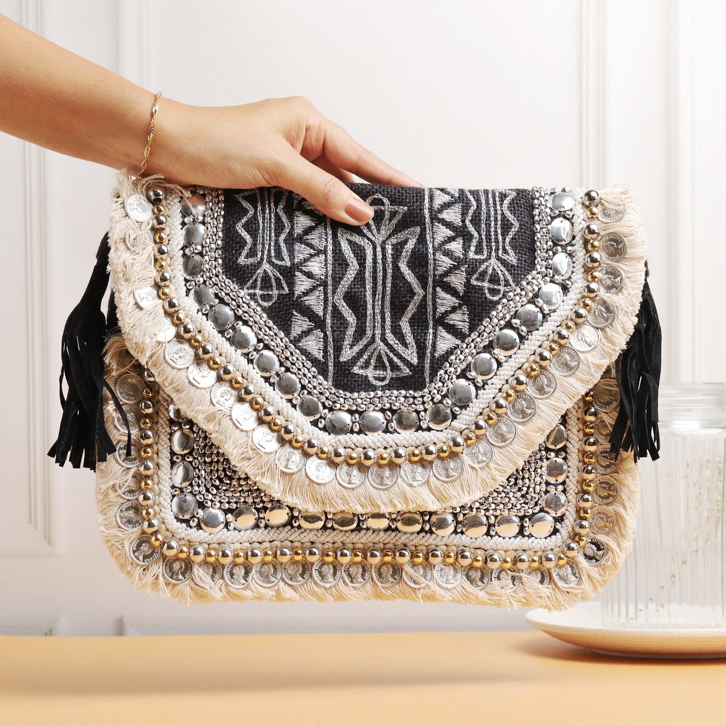 Alicante Black Embroidered Jute Coin Clutch