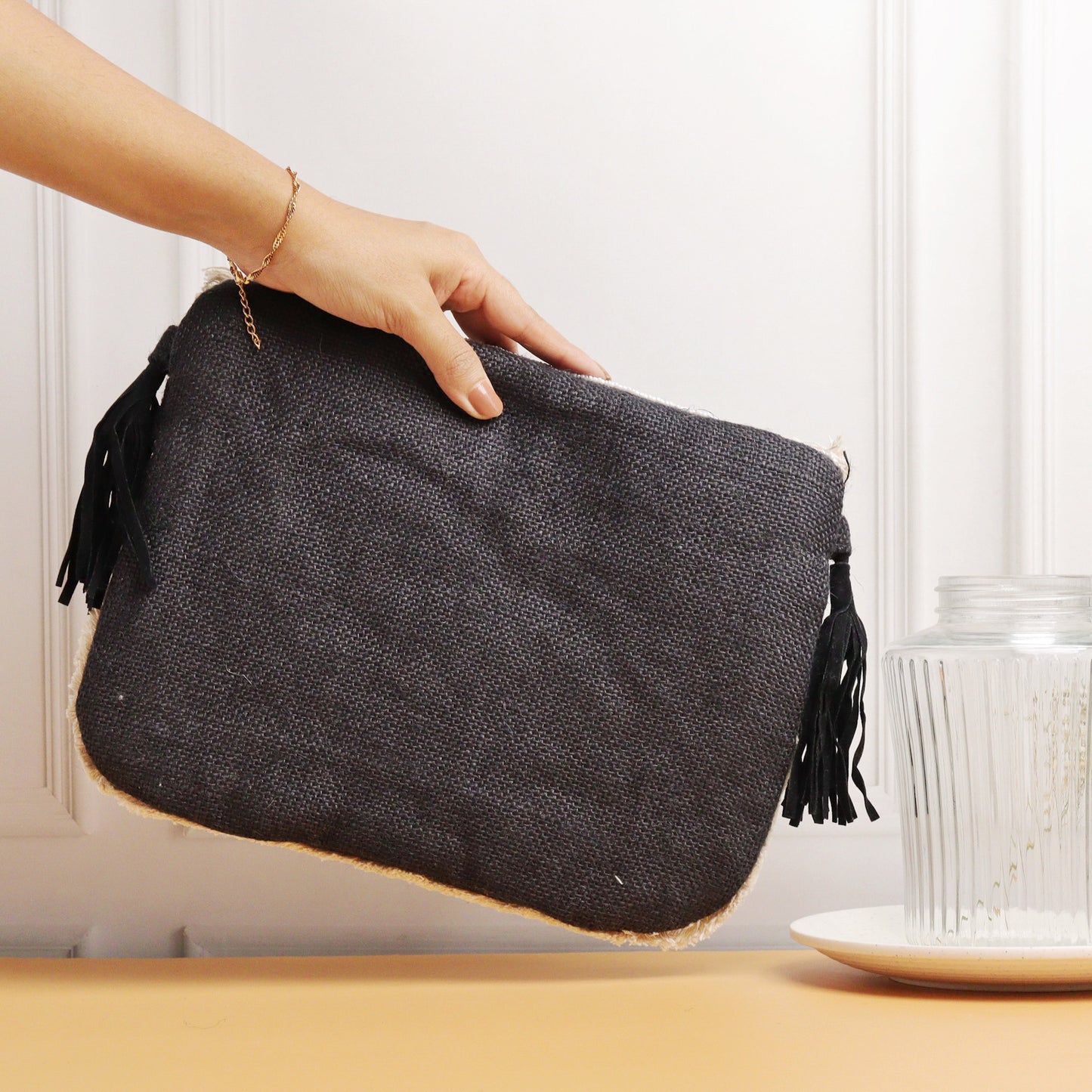 Alicante Black Embroidered Jute Coin Clutch
