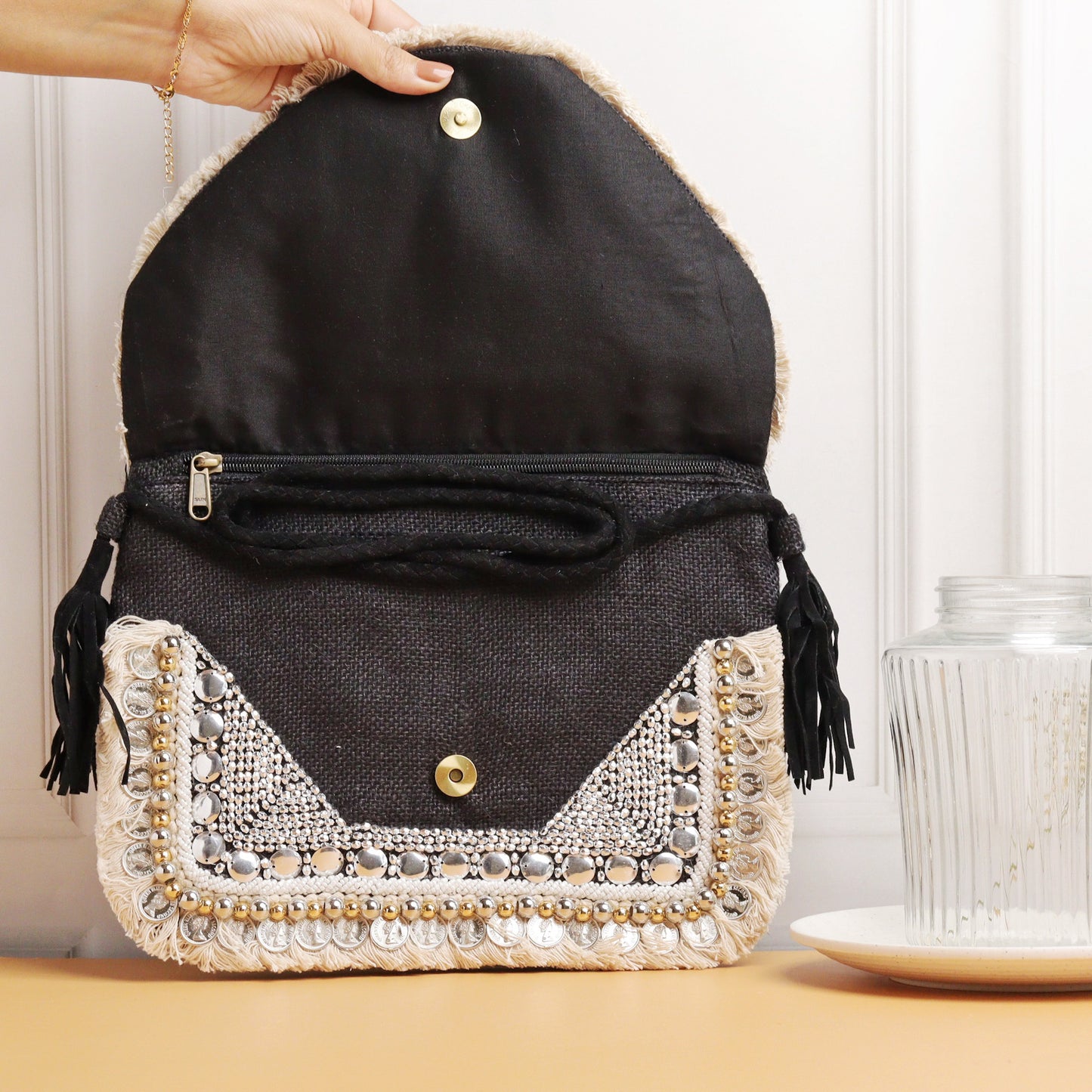 Alicante Black Embroidered Jute Coin Clutch