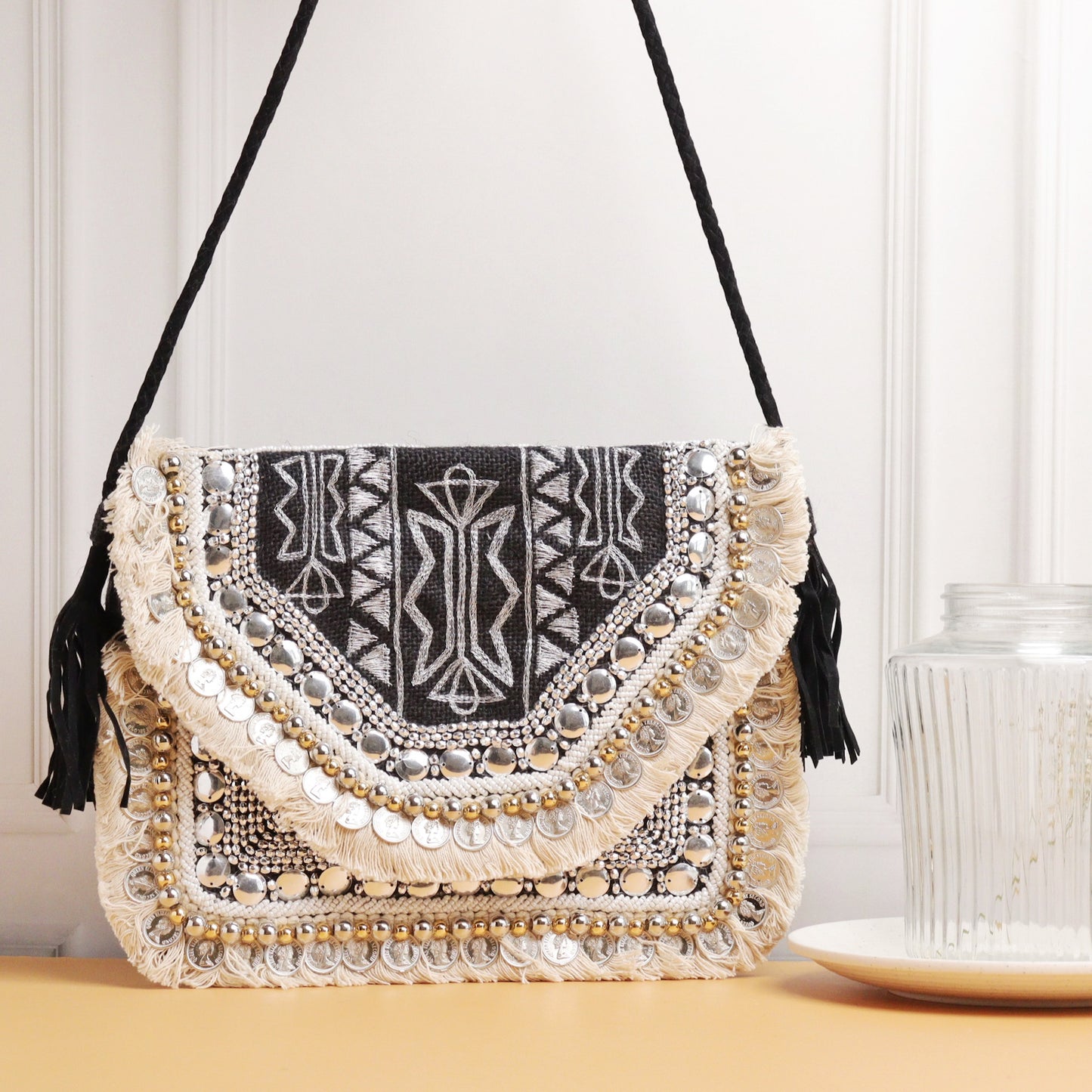 Alicante Black Embroidered Jute Coin Clutch