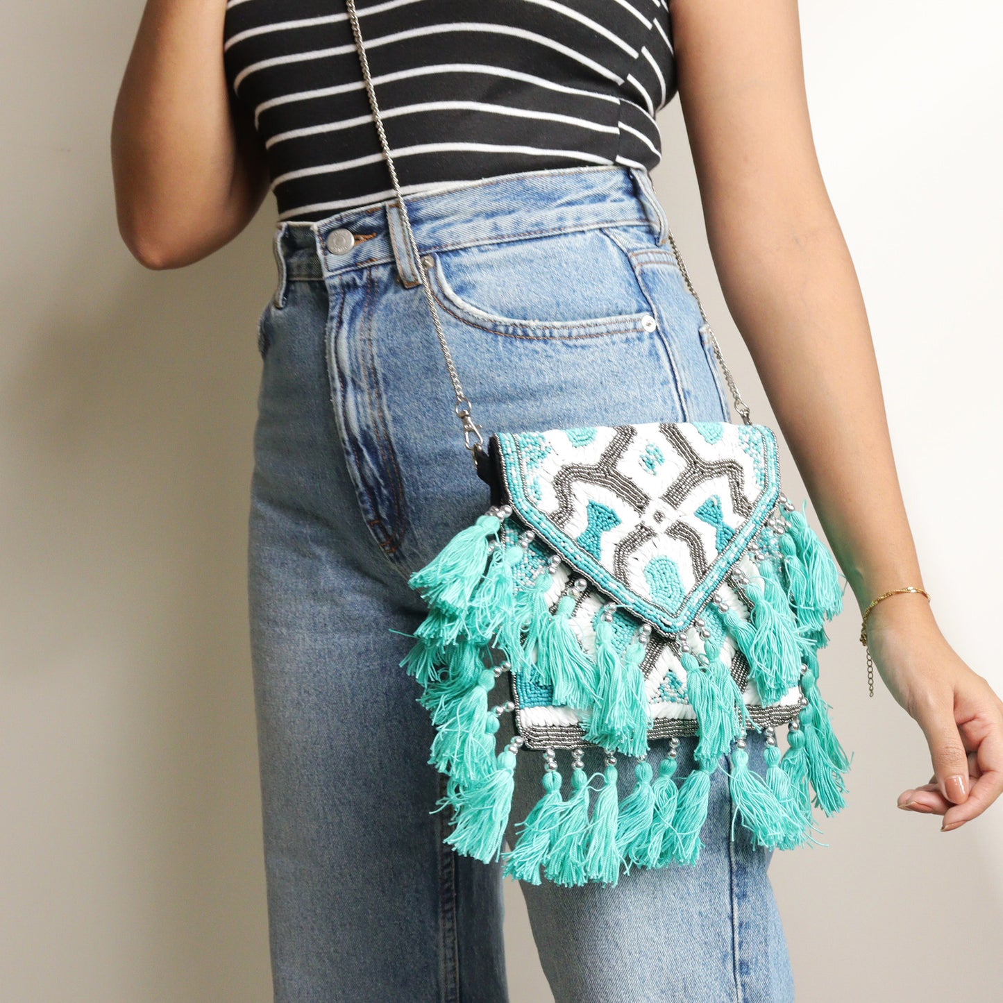 Teal Raffia Cali Bag