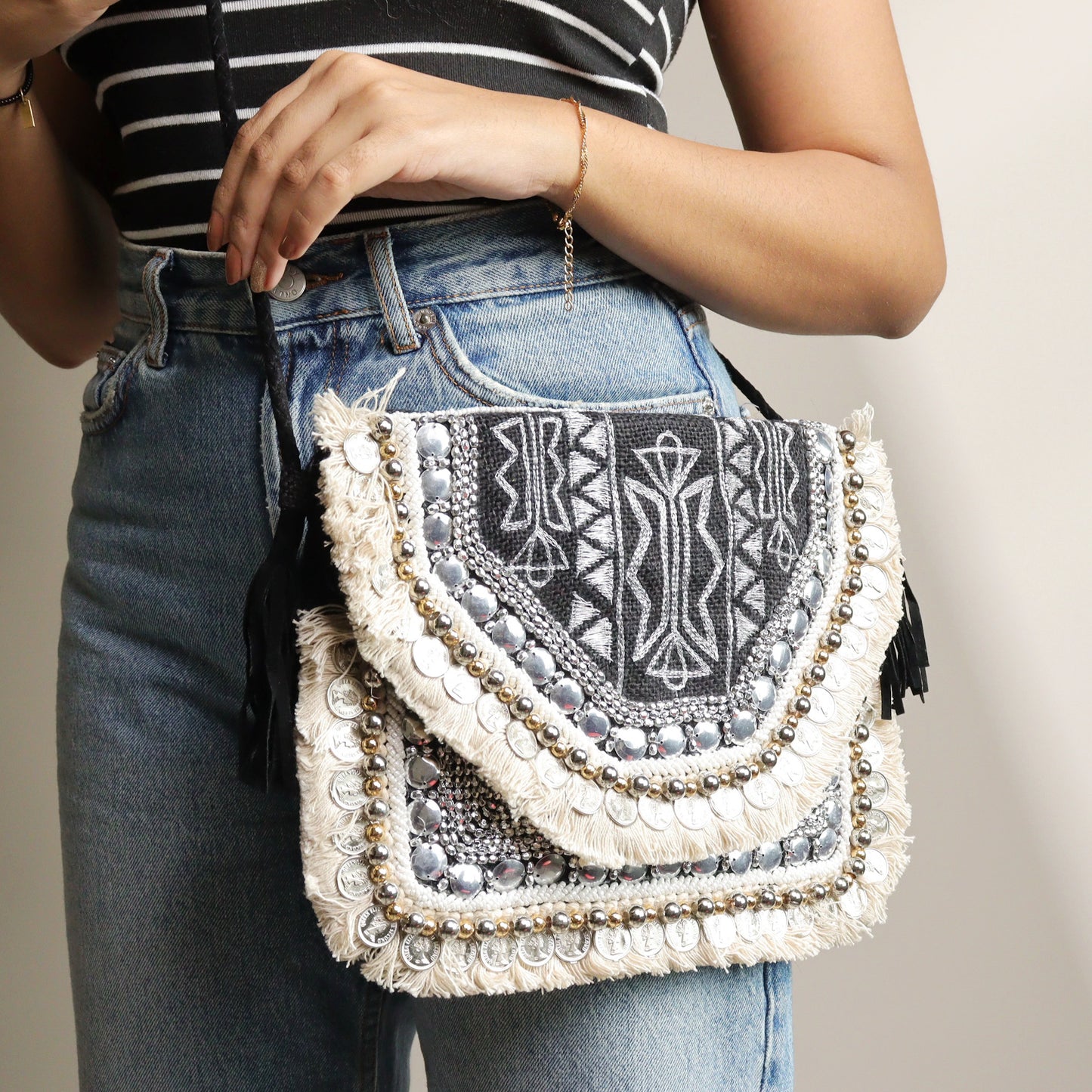 Alicante Black Embroidered Jute Coin Clutch