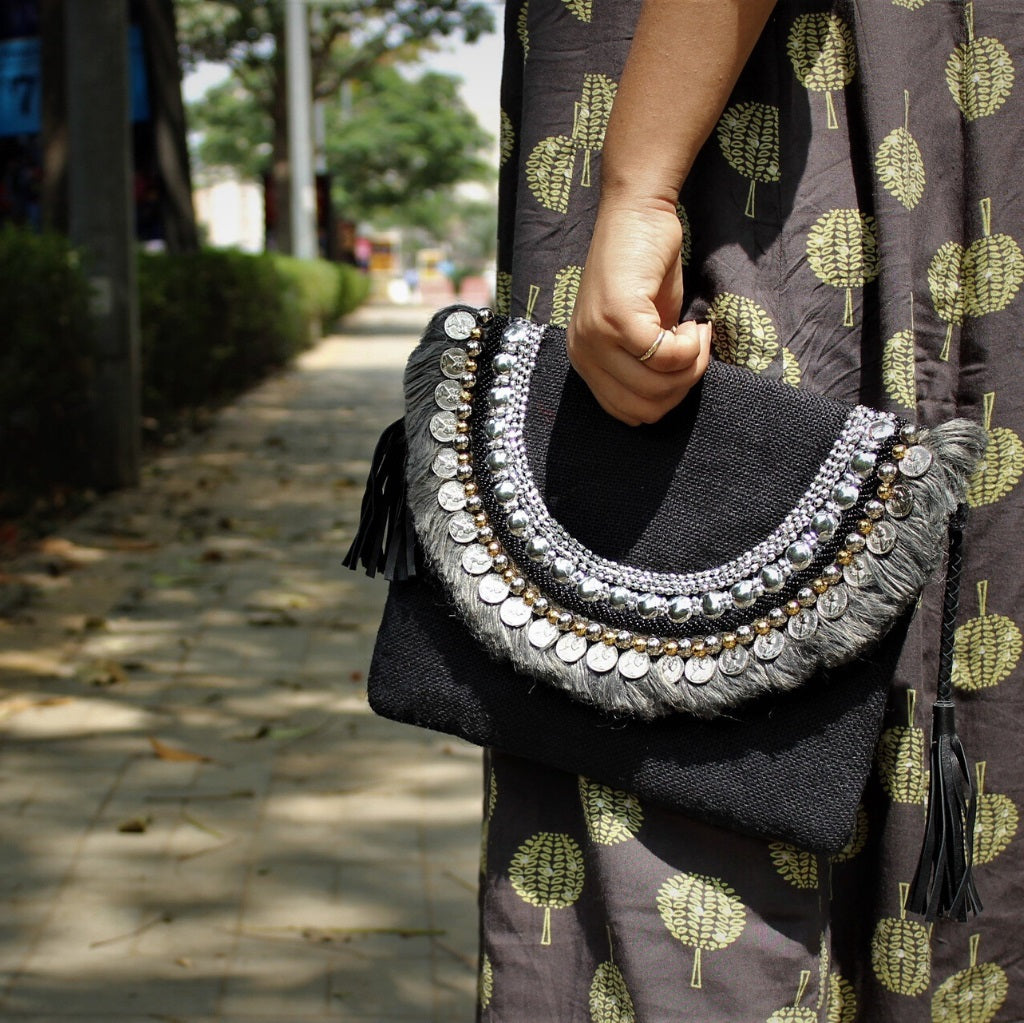 Onyx Black Jute Coin Clutch