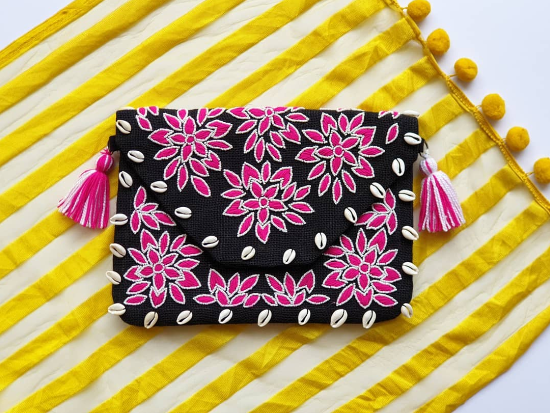 Munnar Pink Flowered Black Jute Shell Clutch Bag