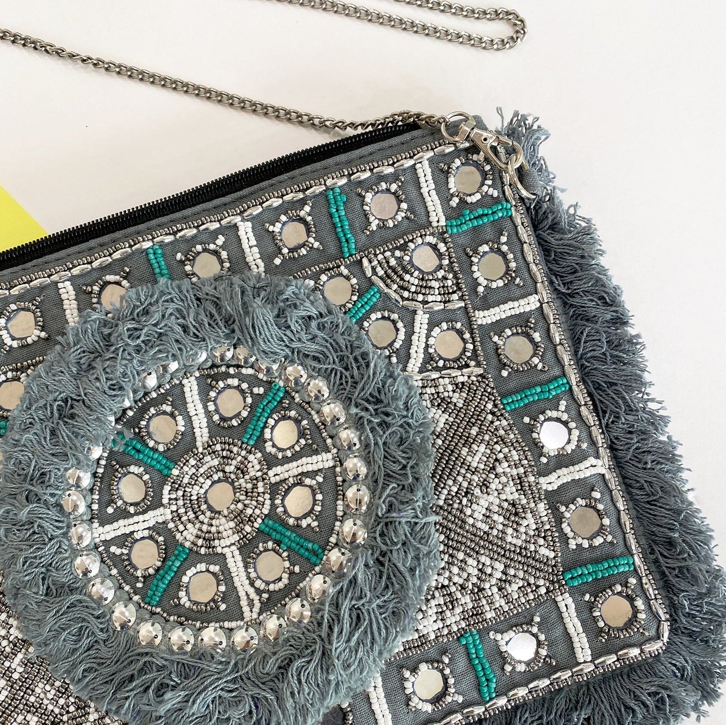 Snow Grey Beaded Clutch