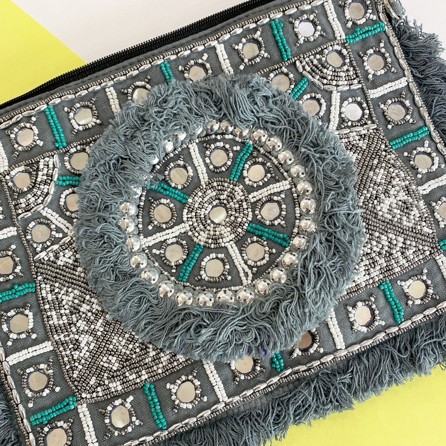 Snow Grey Beaded Clutch