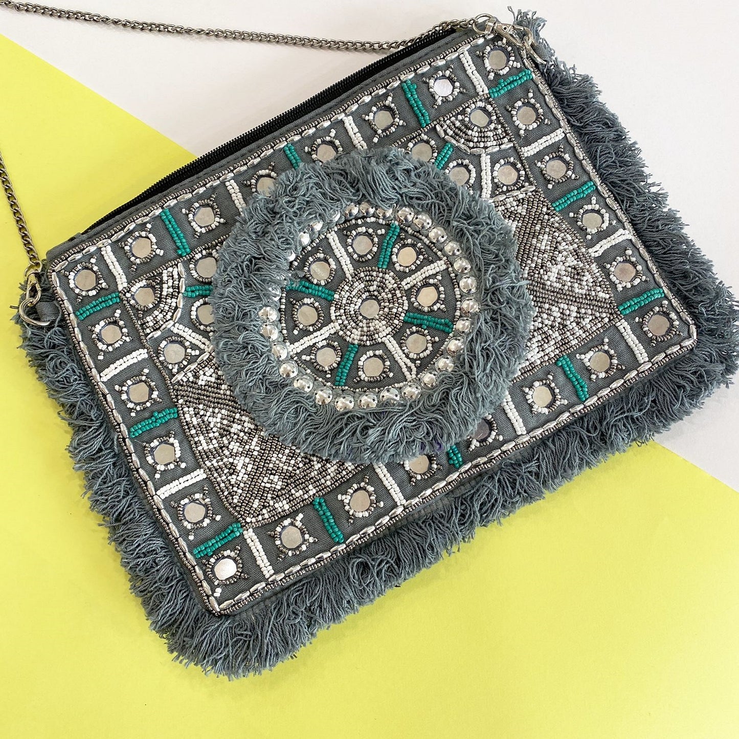 Snow Grey Beaded Clutch