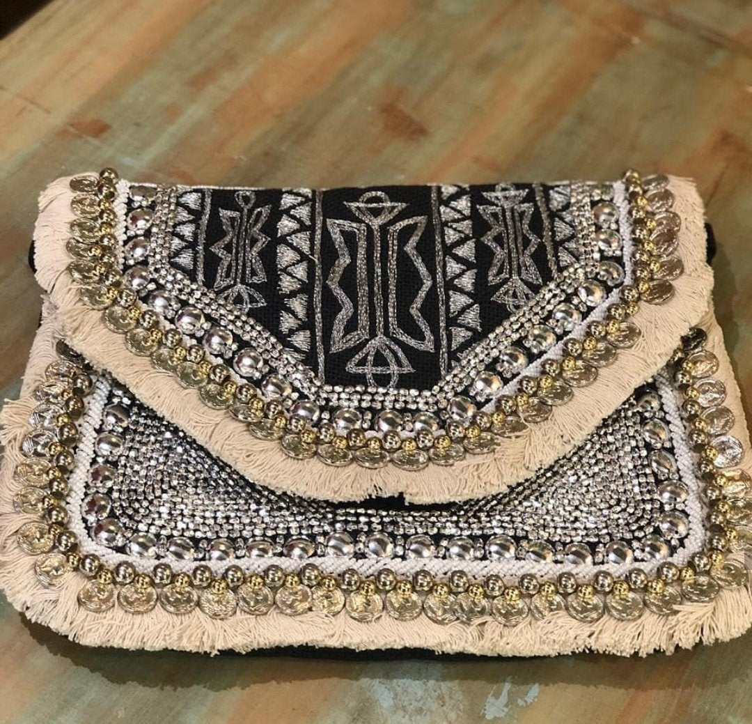 Alicante Black Embroidered Jute Coin Clutch