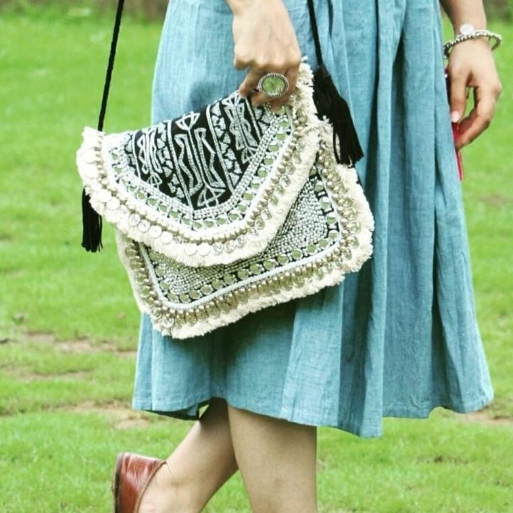 Alicante Black Embroidered Jute Coin Clutch