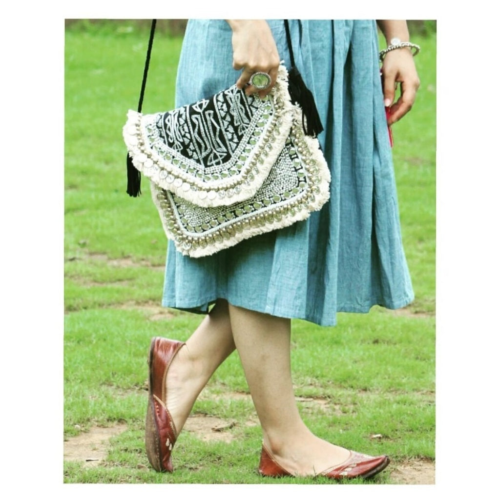 Alicante Black Embroidered Jute Coin Clutch