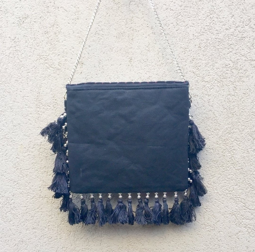 Prismatic Black Tassel Canvas Boho Bag