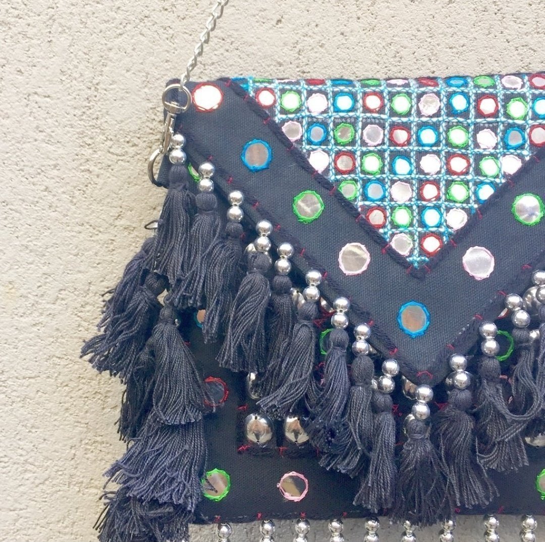 Prismatic Black Tassel Canvas Boho Bag