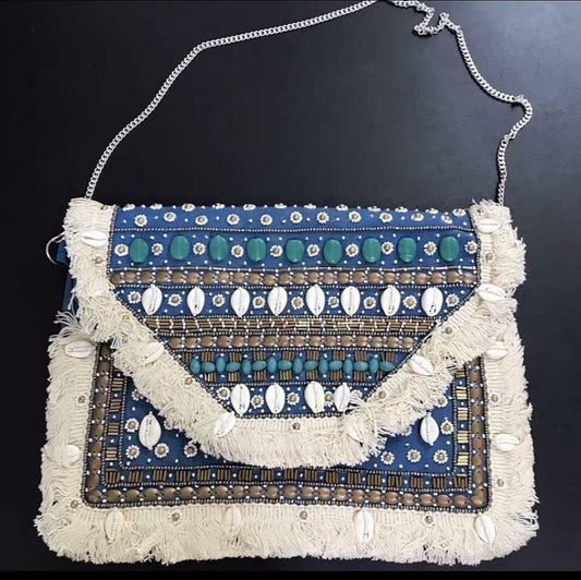 Vancouver Blue Shell Canvas Clutch Boho Bag