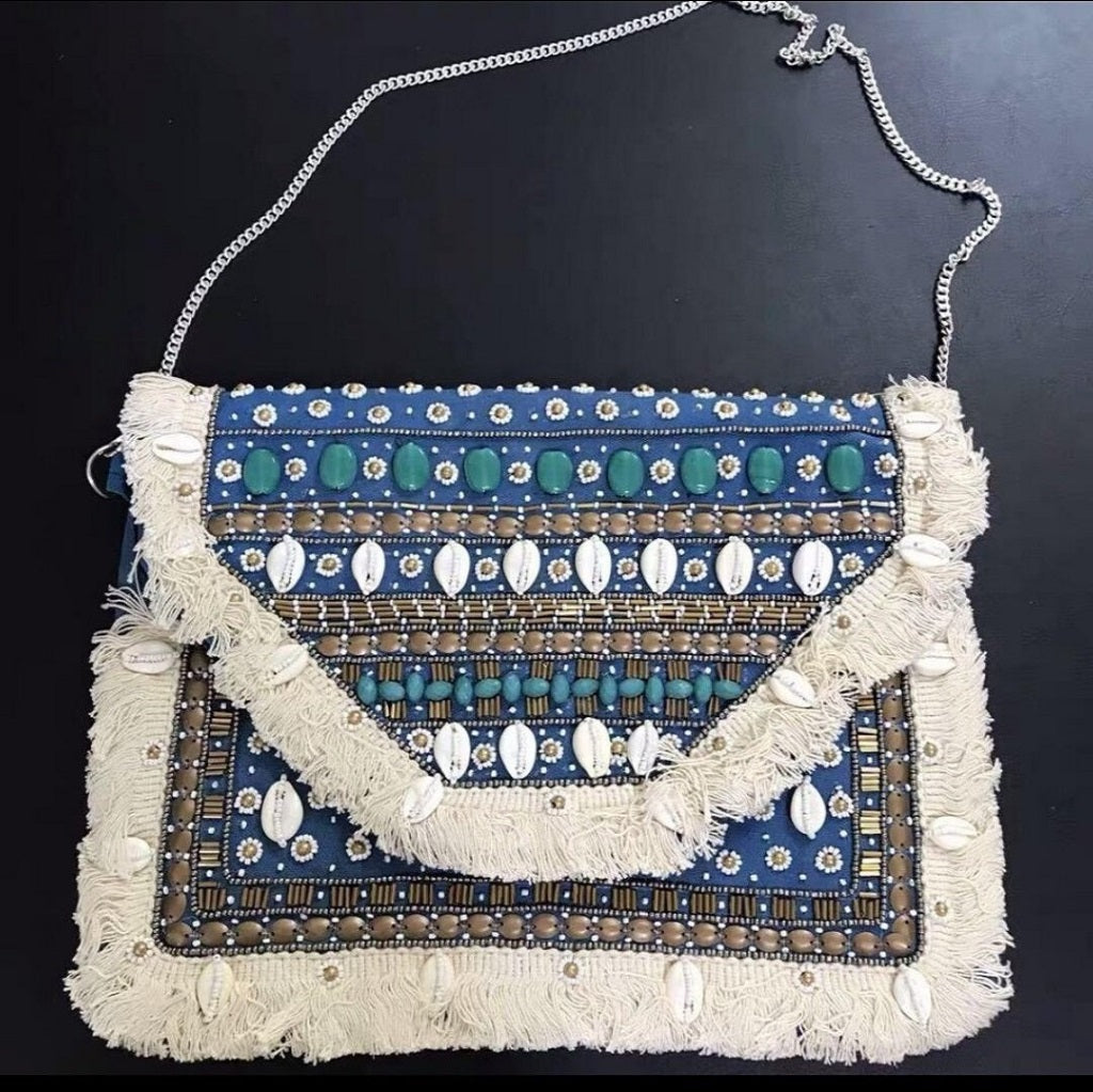 Vancouver Blue Shell Canvas Clutch Boho Bag