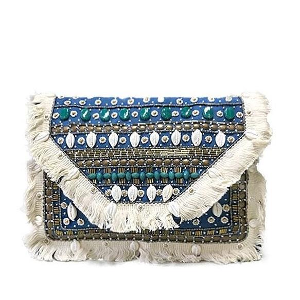 Vancouver Blue Shell Canvas Clutch Boho Bag